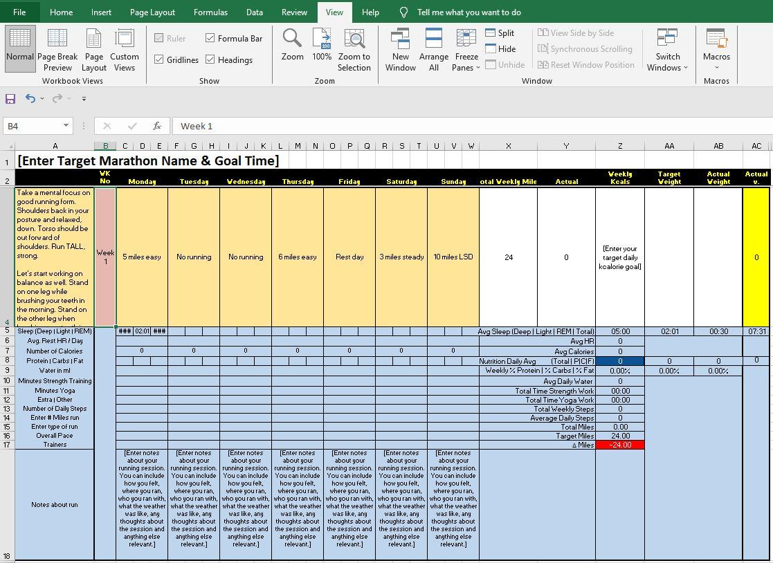 Sub-4 Hour Marathon Training Plan Log - Excel Format