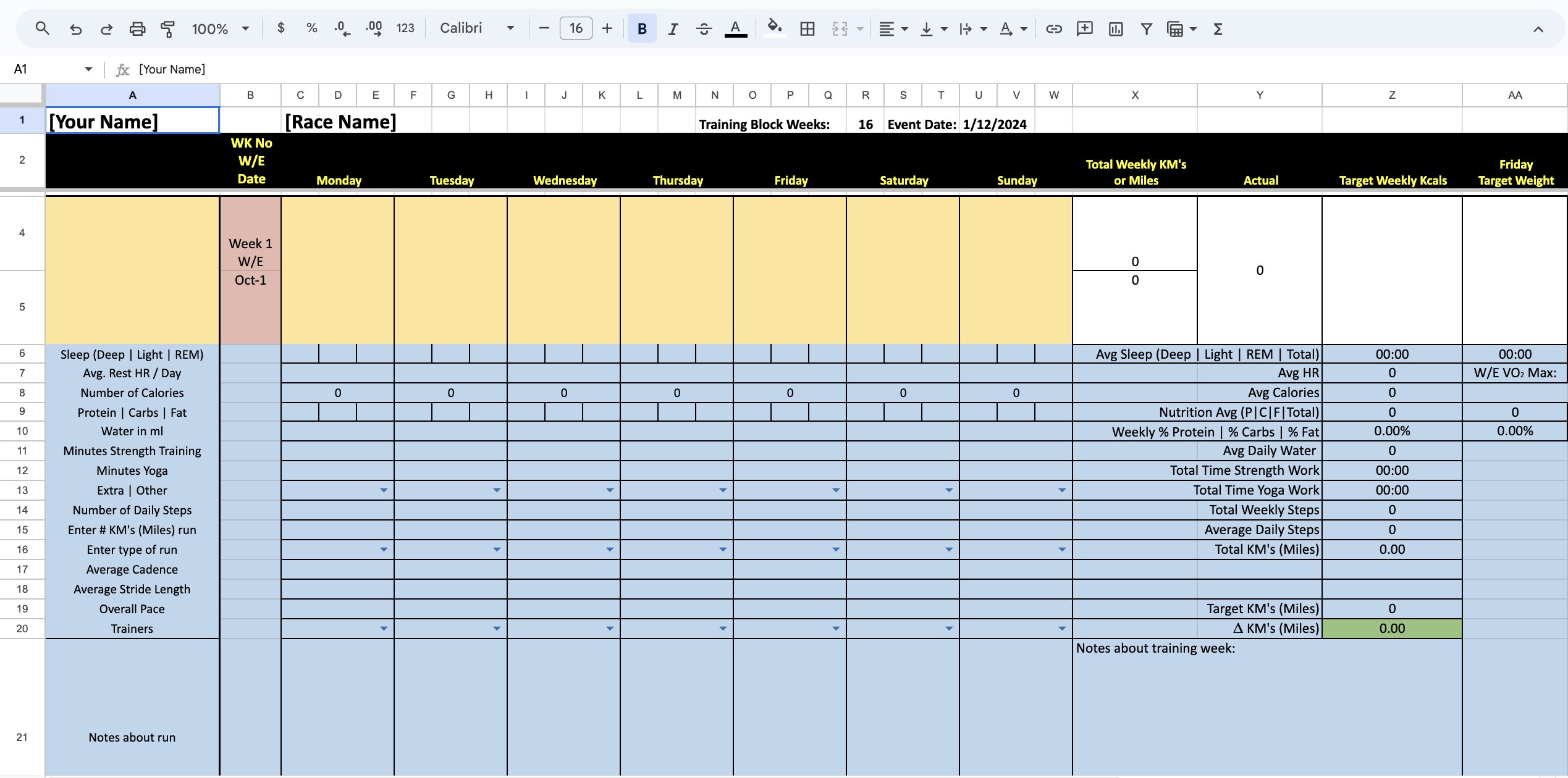 Blank 16 Week Training Log